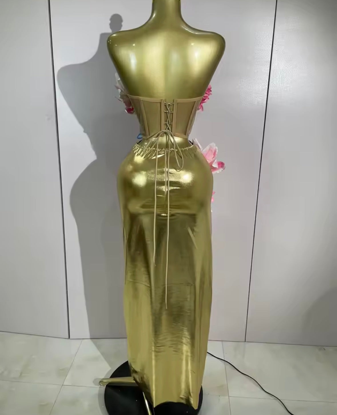 Gold Sexy Strapless Floral Embellishment Maxi Skirt Set