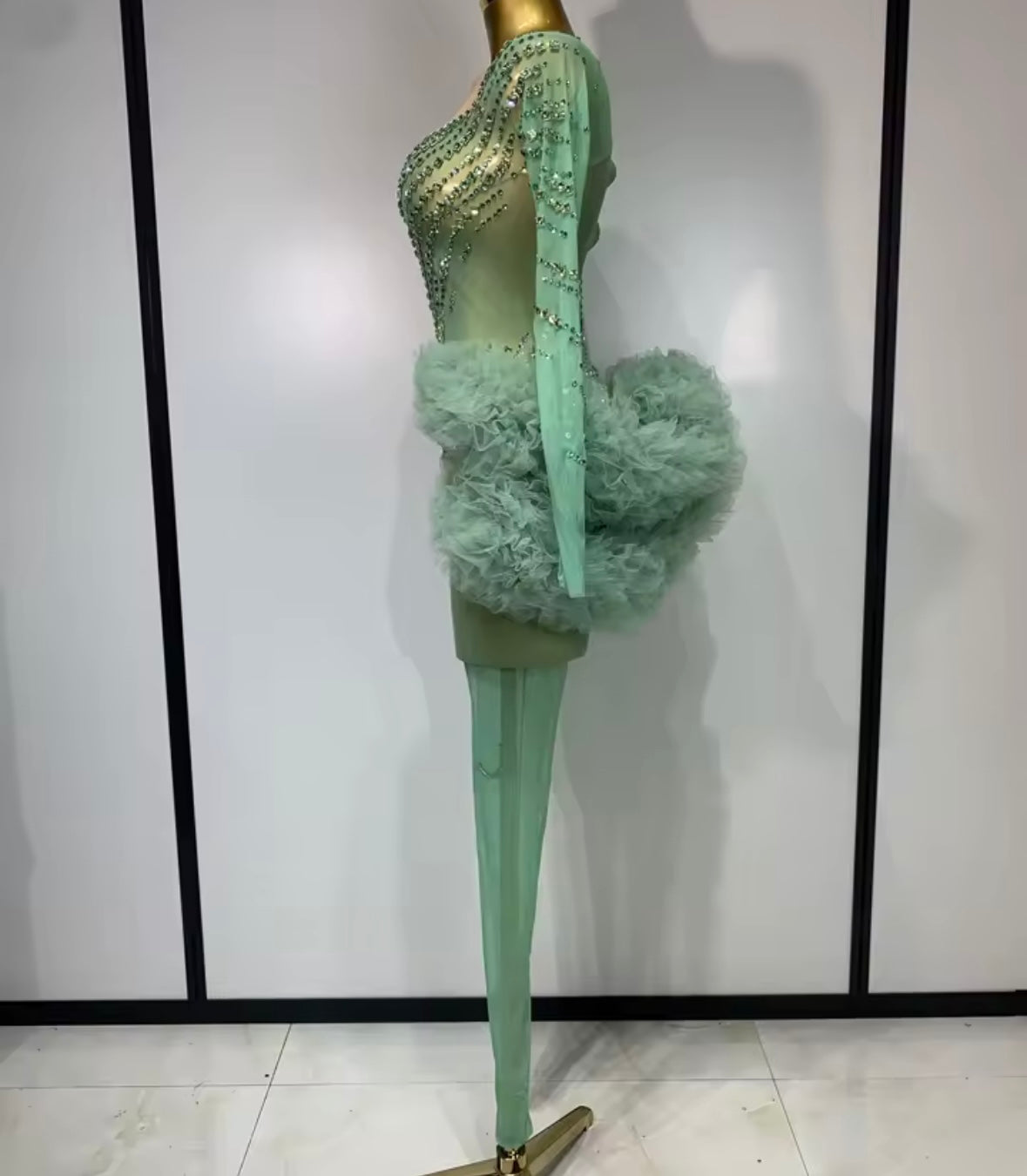Green See Through Rhinestone Ruffle Full Sleeve Jumpsuit