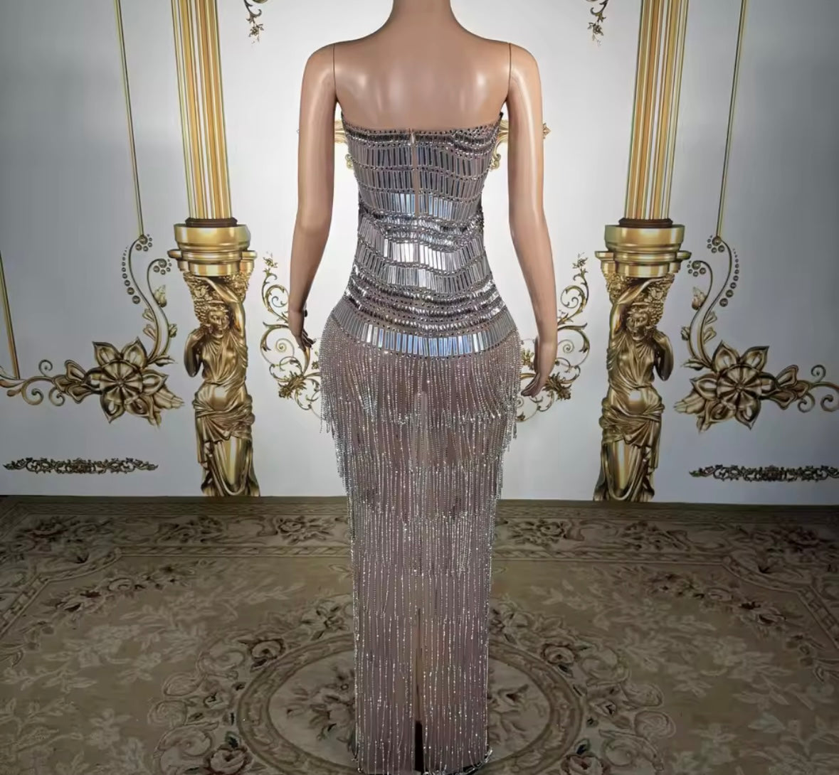 Sexy Strapless Mirror Rhinestone Tassel Maxi Dress
