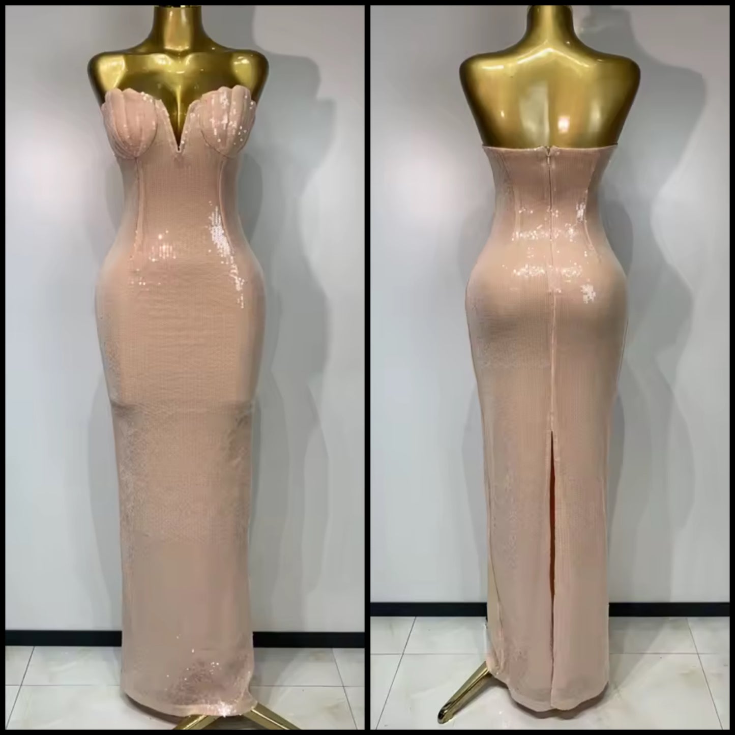 Sexy Pink Sequins Strapless Floor-Length Dress