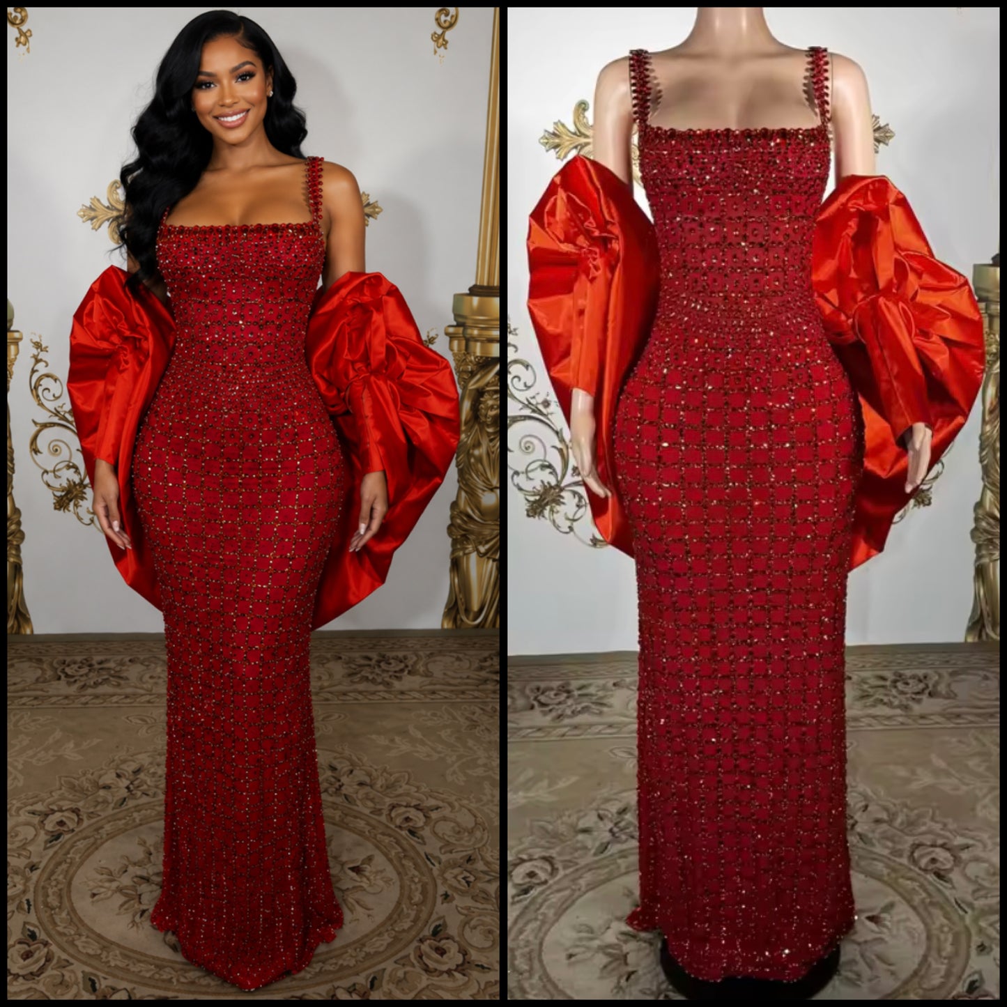 Red Sleeveless Sexy Rhinestone Maxi Dress