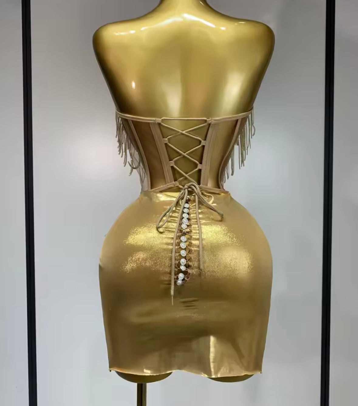 Sparkly Rhinestone Strap Tassel Two Piece Metallic Skirt Set