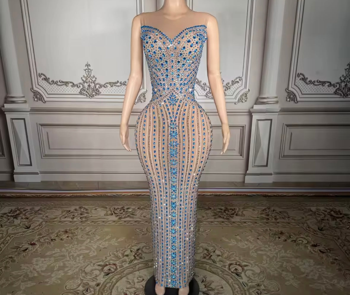 Sexy Sleeveless Blue Rhinestone Embellishment Maxi Dress