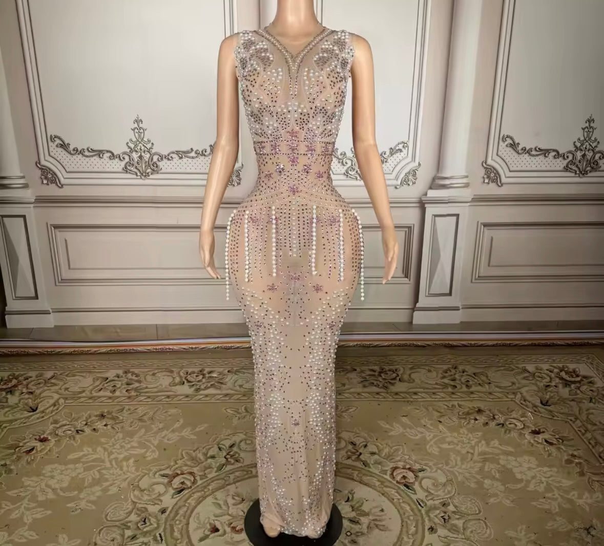Elegant Sleeveless Rhinestone Pearl Tassel Floor-Length Dress