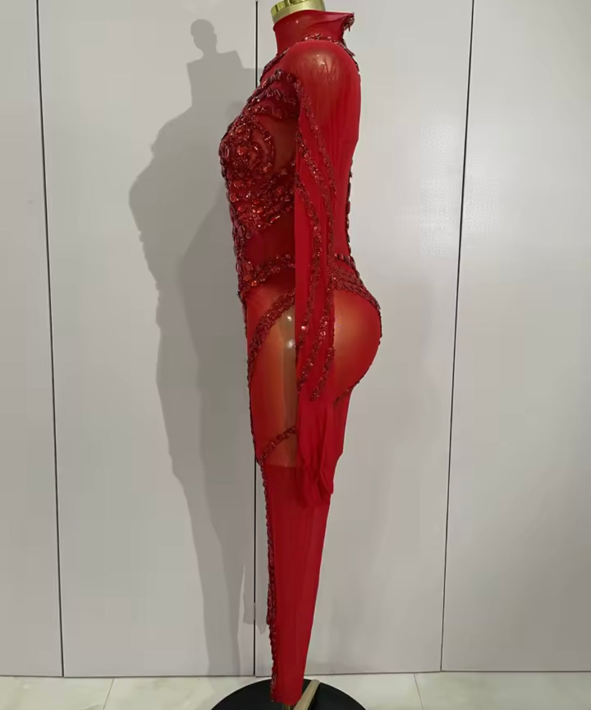 Sexy Beaded Crystal Full Sleeve See Through Jumpsuit