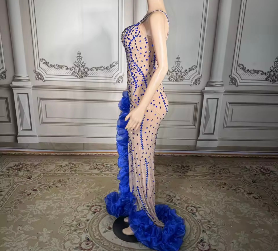 Sexy Sleeveless Blue Ruffle Rhinestone Side Split Maxi Dress