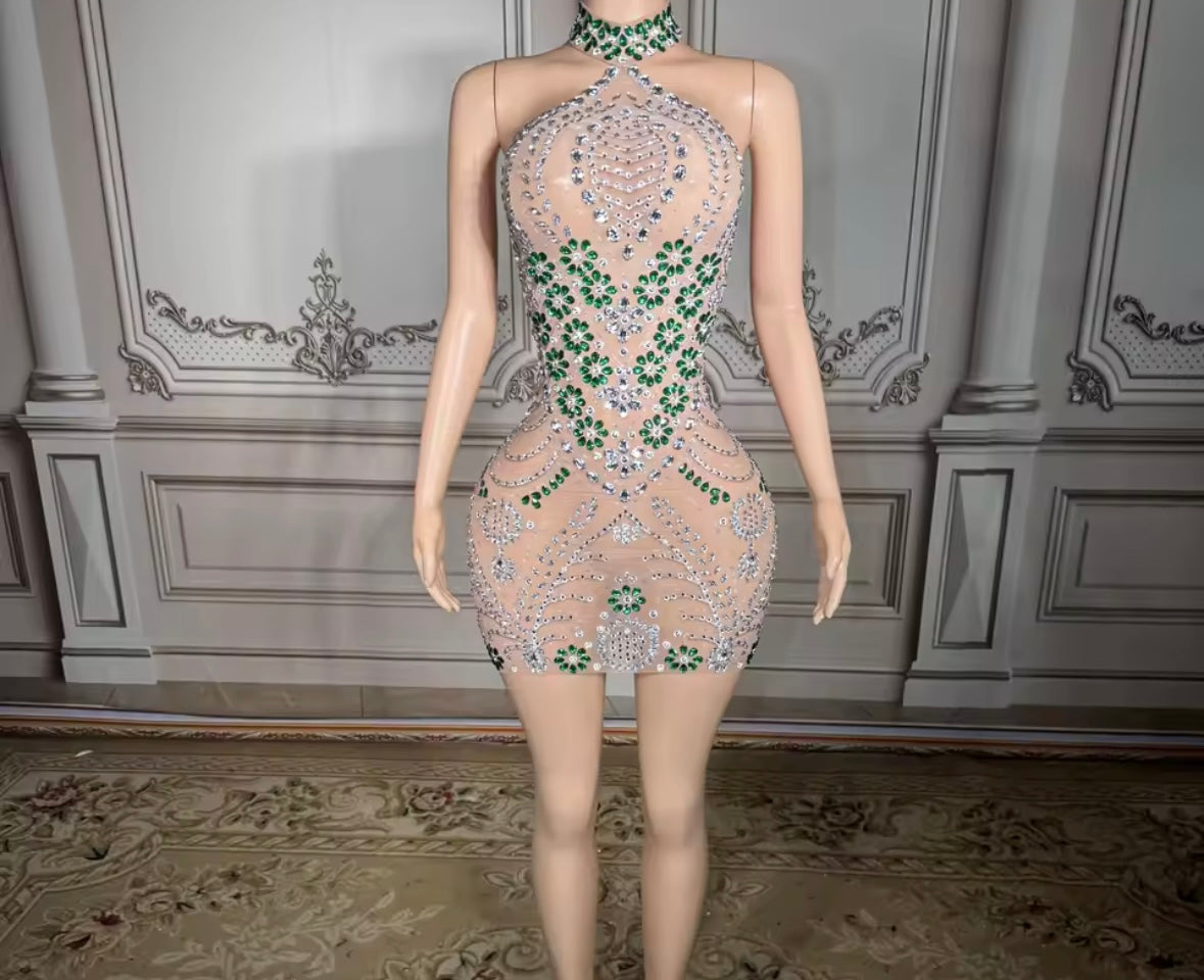Sexy Halter Sleeveless Rhinestone Embellishment See Through Dress