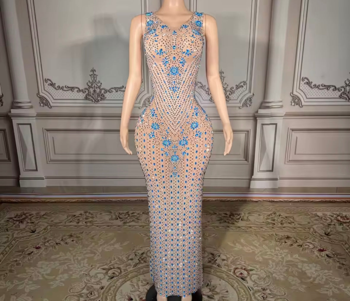 Sexy Sleeveless Blue Rhinestone Embellishment Maxi Dress
