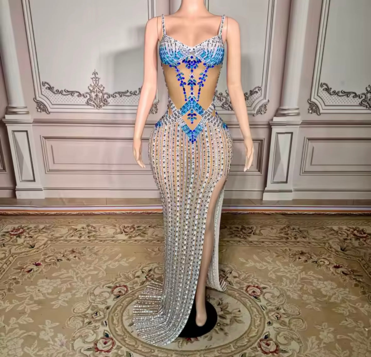 Sexy Rhinestone Embellishment Sleeveless See Through Maxi Dress