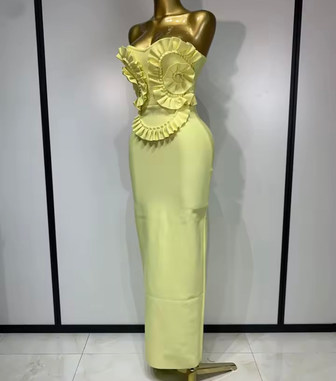 Yellow Ruffle Floral Strapless Sexy Maxi Dress