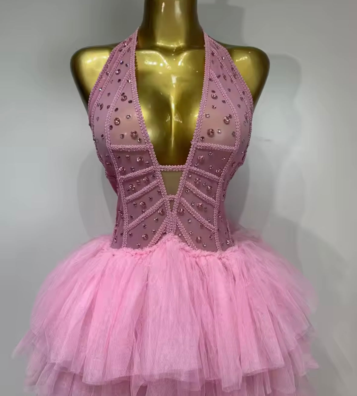 Pink Halter Sleeveless Crystal Ruffle Sexy Floor-Length Dress