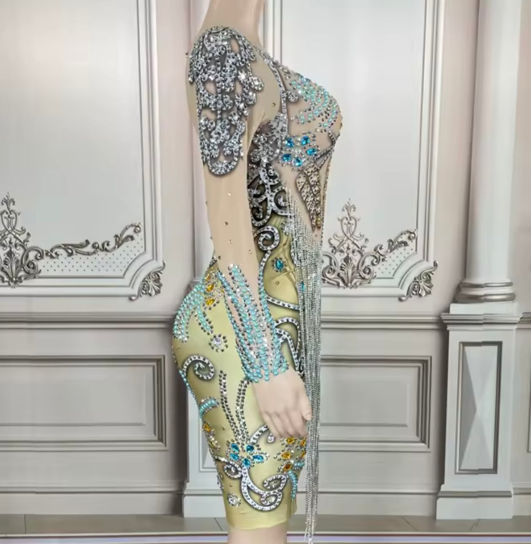 Sexy Rhinestone Embellishment Tassel Full Sleeve Dress