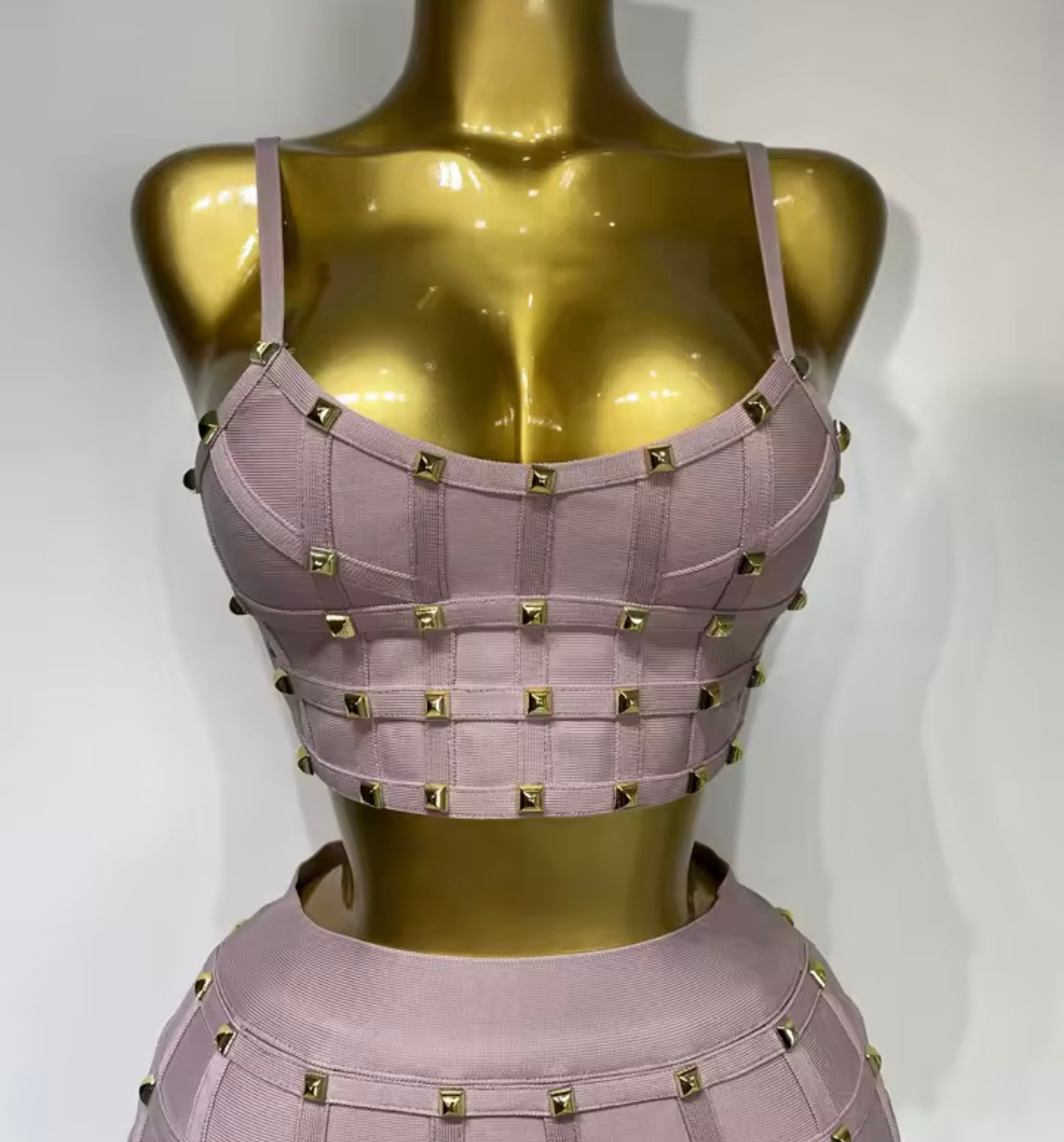 Pink Sleeveless Rivet Sexy Bandage Skirt Set