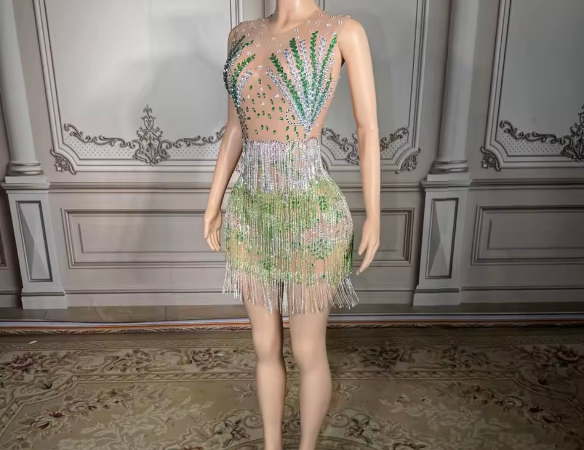 Sexy Sleeveless Rhinestone Tassel Short Dress