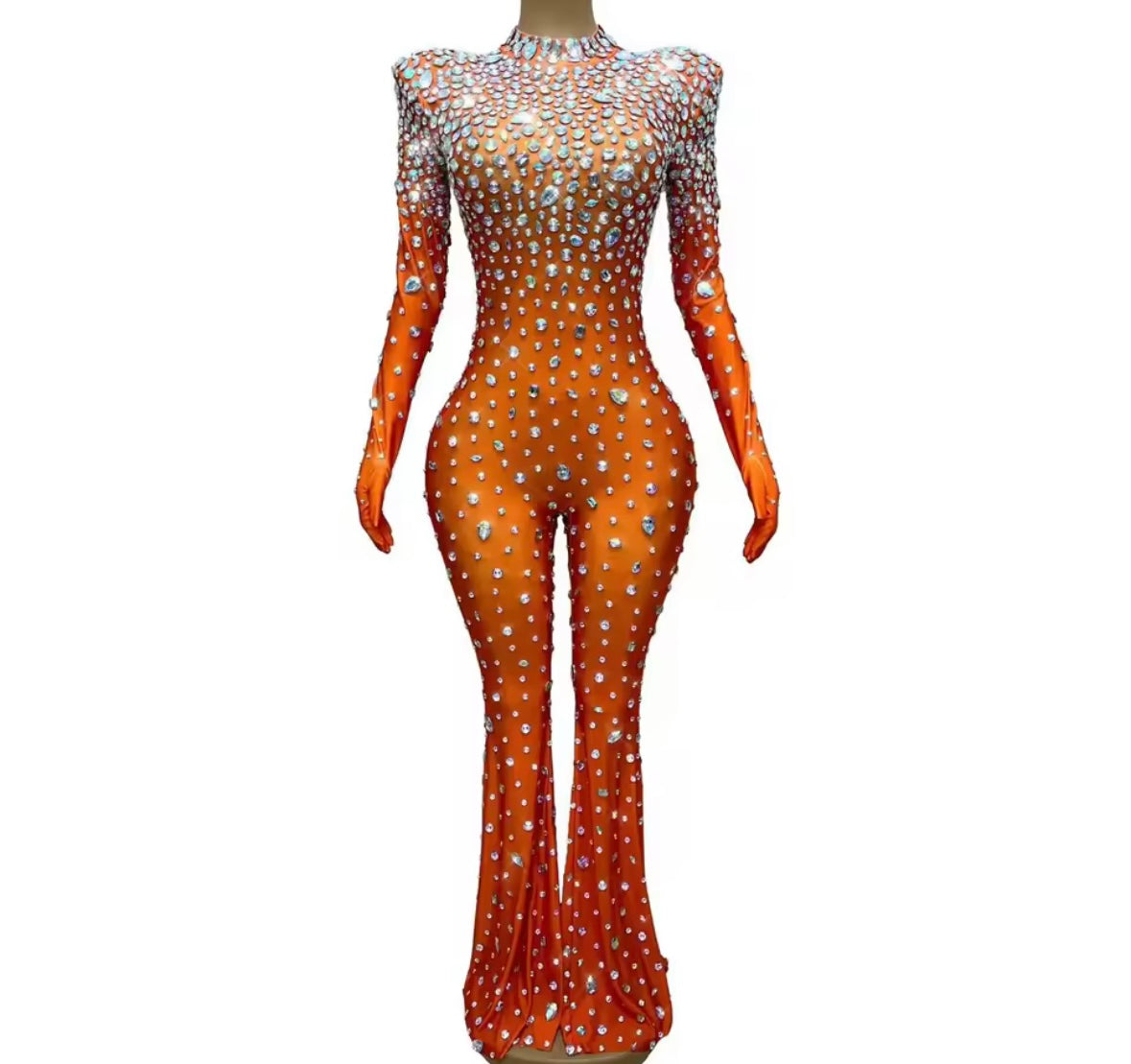 Elegant Rhinestone Glove Full Sleeve Jumpsuit