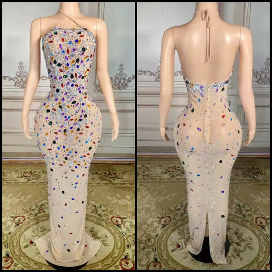 Sexy Halter Sleeveless Open Back Multicolored Rhinestone Dress