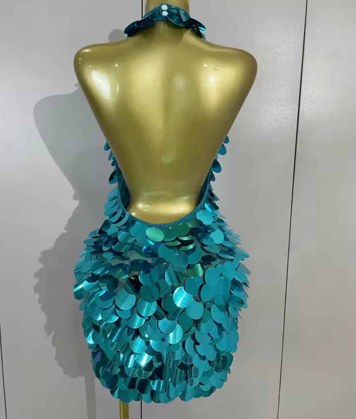 Sexy Blue Halter Sleeveless Open Back Sequins Dress