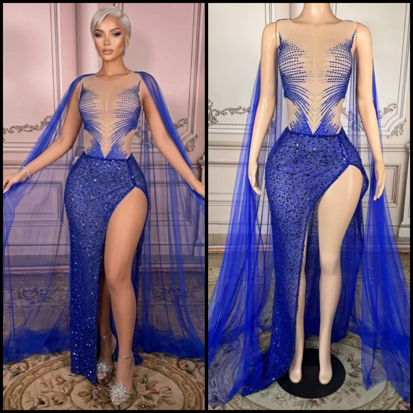 Blue Sexy Sleeveless Rhinestone Side Split Maxi Dress