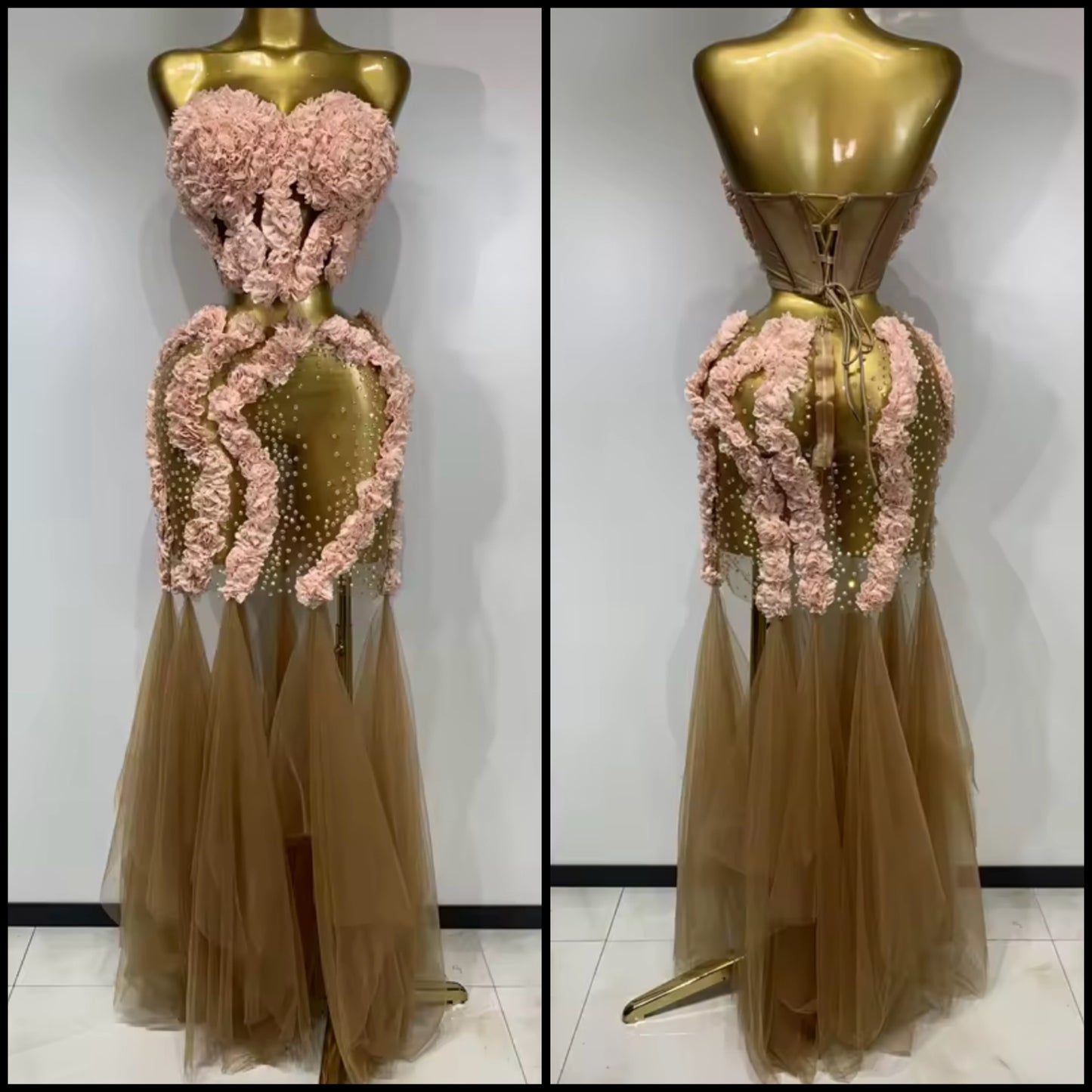 Sexy Strapless Floral Rhinestone Ruffle Floor-Length Dress