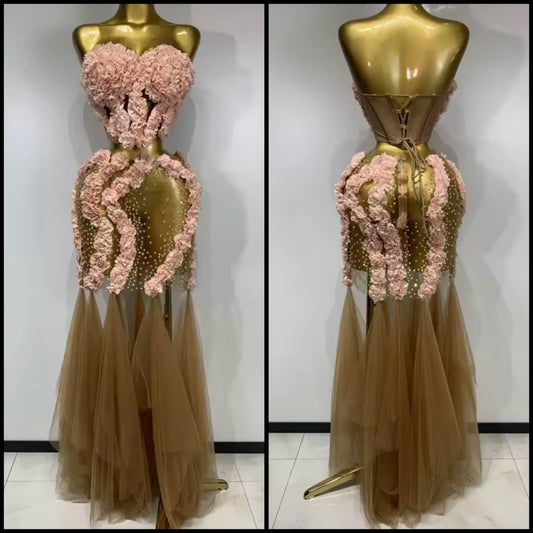Sexy Strapless Floral Rhinestone Ruffle Floor-Length Dress