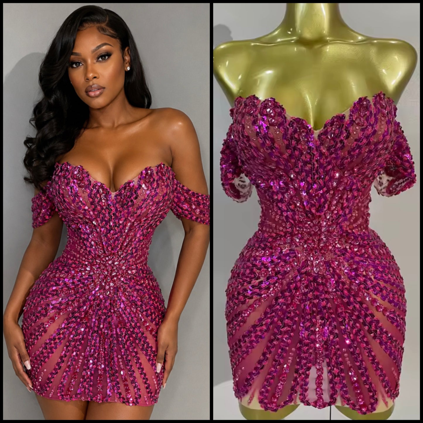 Sexy Pink Off The Shoulder Sequins Rhinestone Dress
