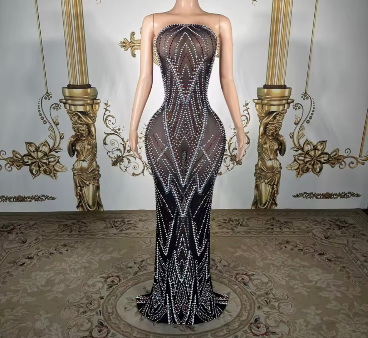 Black Sexy Strapless Rhinestone See Through Maxi Dress