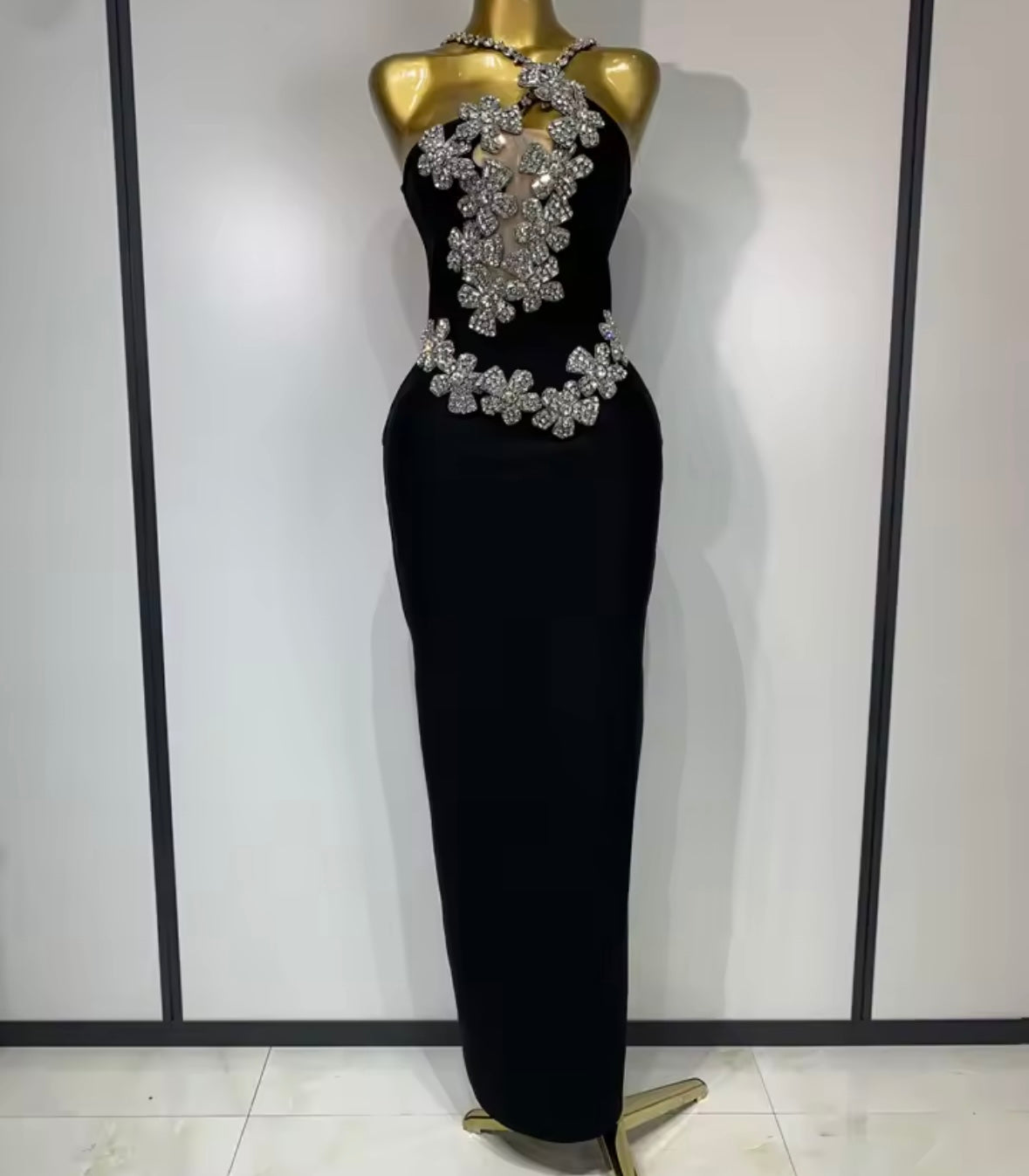 Sexy Sleeveless Floral Rhinestone Maxi Dress