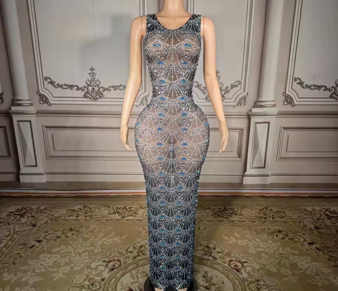 Sexy Rhinestone See Through Sleeveless Maxi Dress