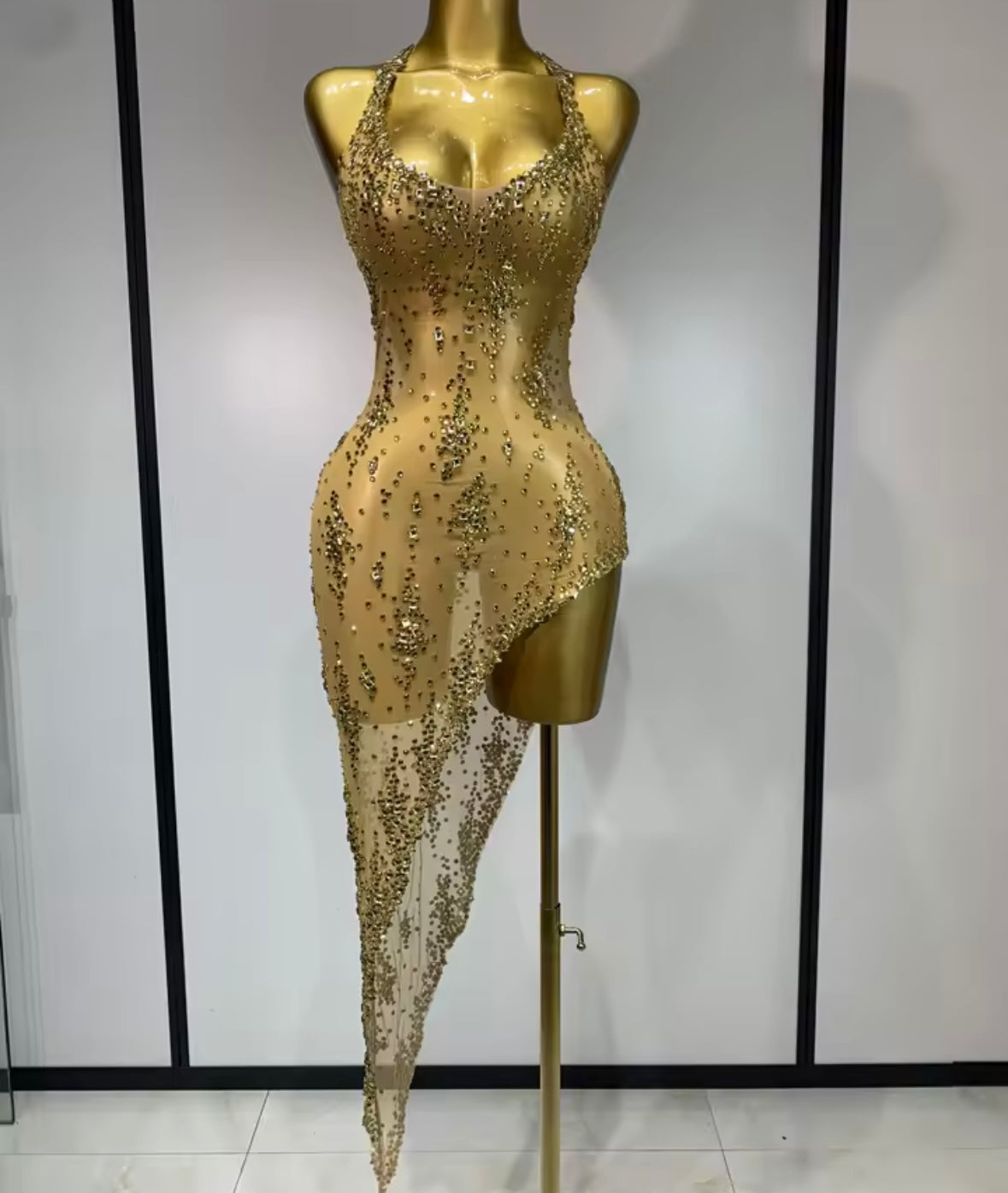 Sexy Sleeveless See Through Rhinestone Asymmetrical Dress