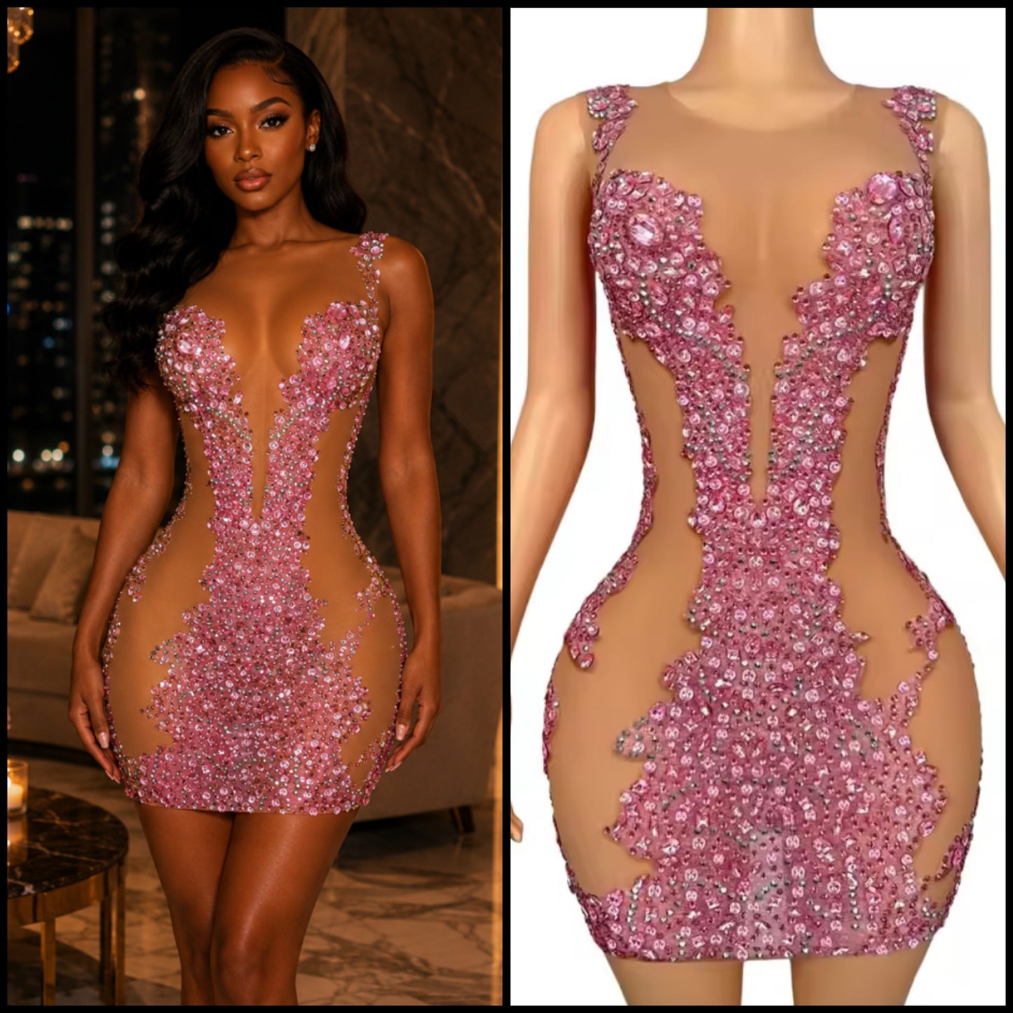 Sexy Sleeveless See Through Pink Beaded Rhinestone Dress