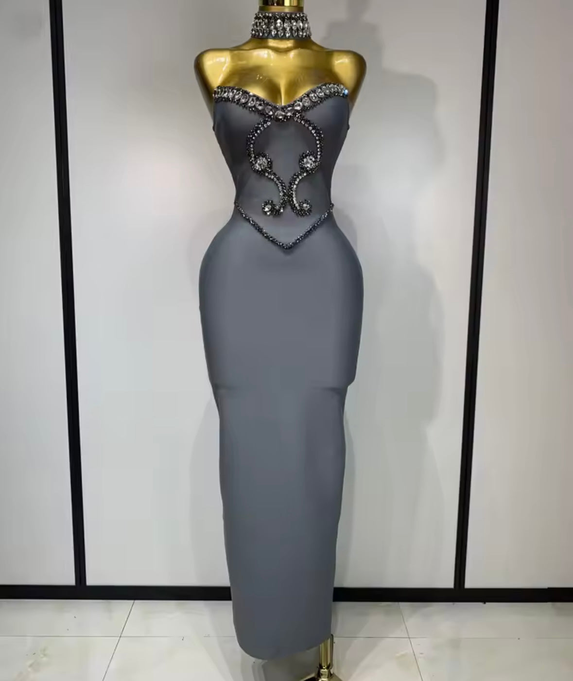 Beaded Rhinestone Choker Strapless Elegant Maxi Dress