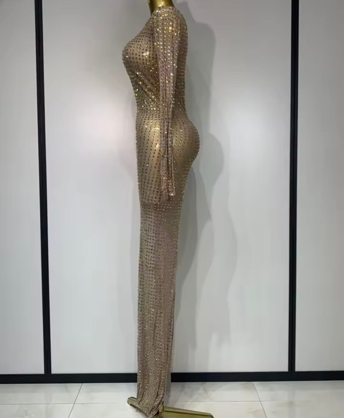 Sexy See Through Full Sleeve Rhinestone Floor-Length Dress