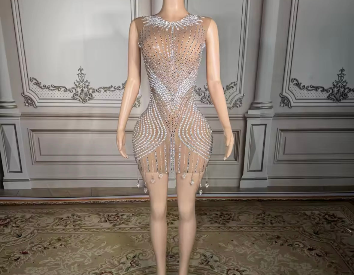 Sexy Rhinestone Embellishment Sleeveless See Through Dress