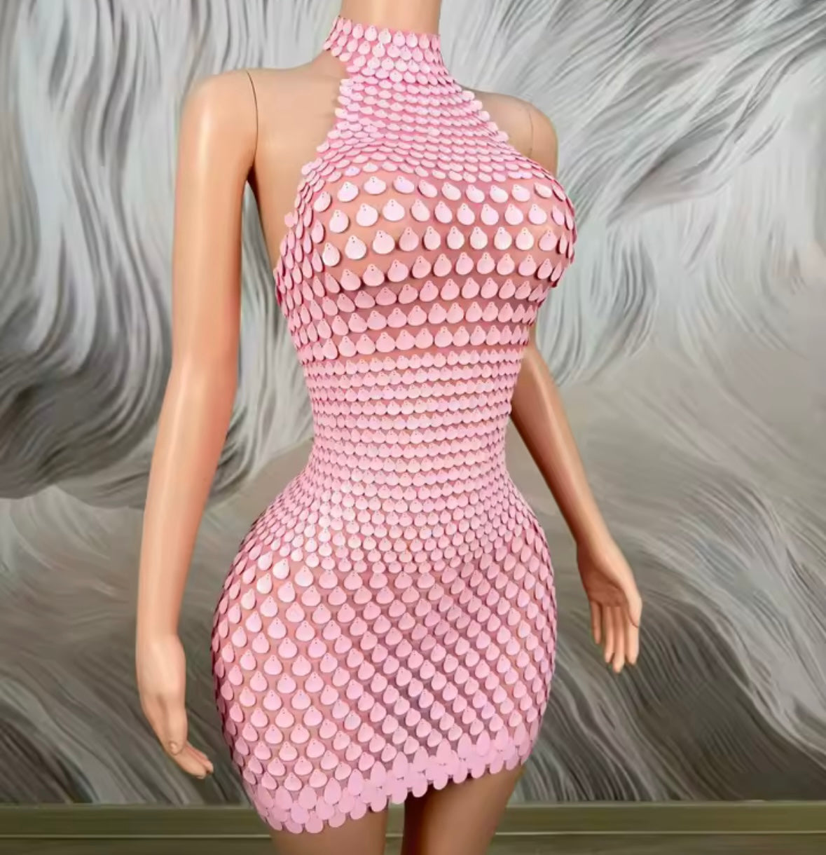Pink Sexy Halter Sleeveless Sequins Short Dress