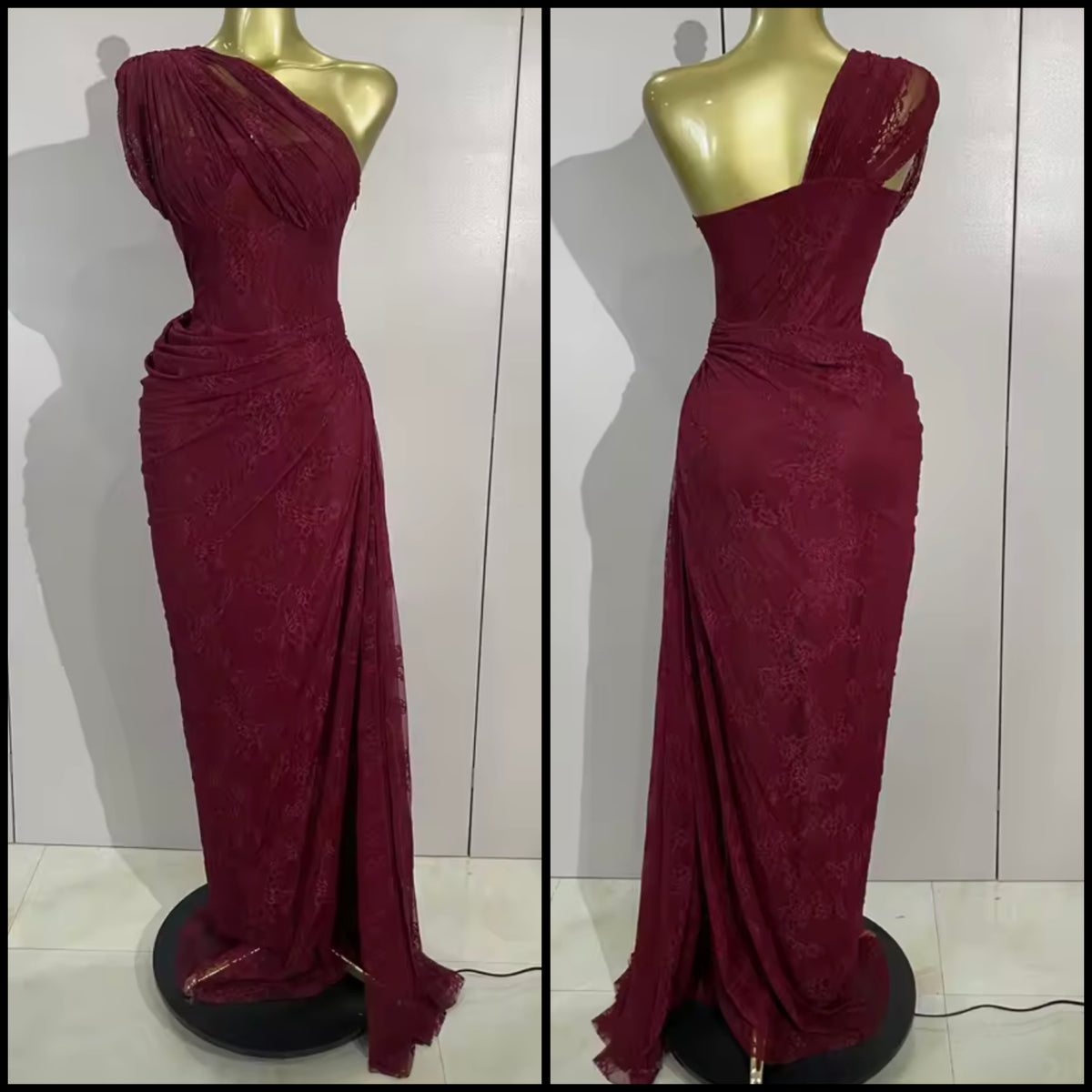 Sexy Burgundy One Shoulder Lace Side Split Maxi Dress