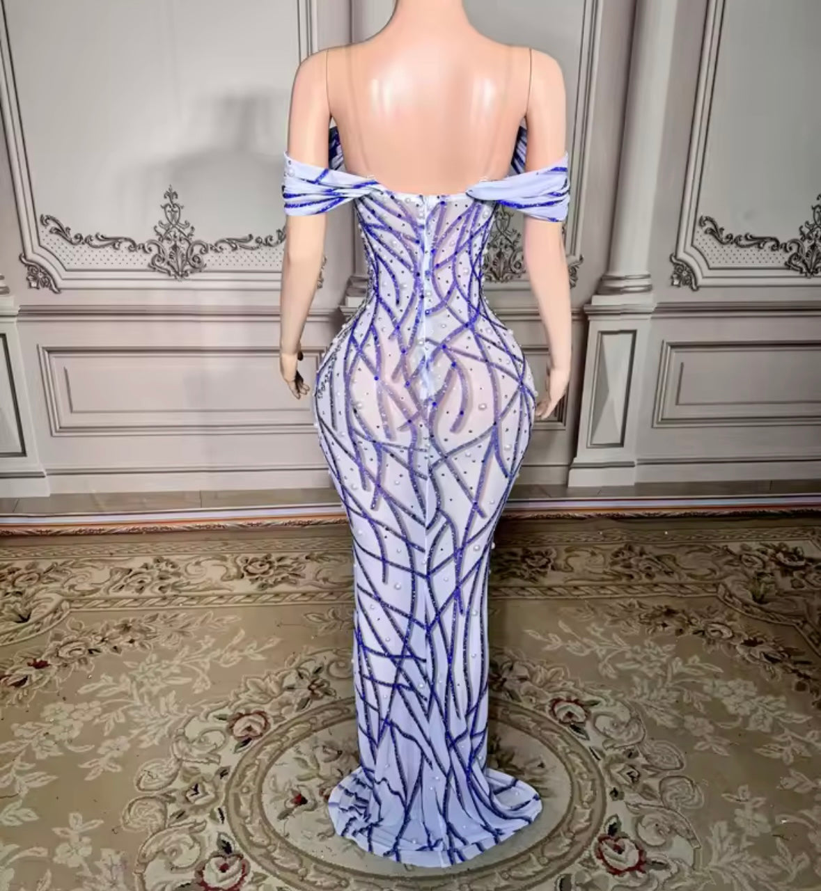 Sexy Off The Shoulder Beaded Rhinestone Floor-Length Dress
