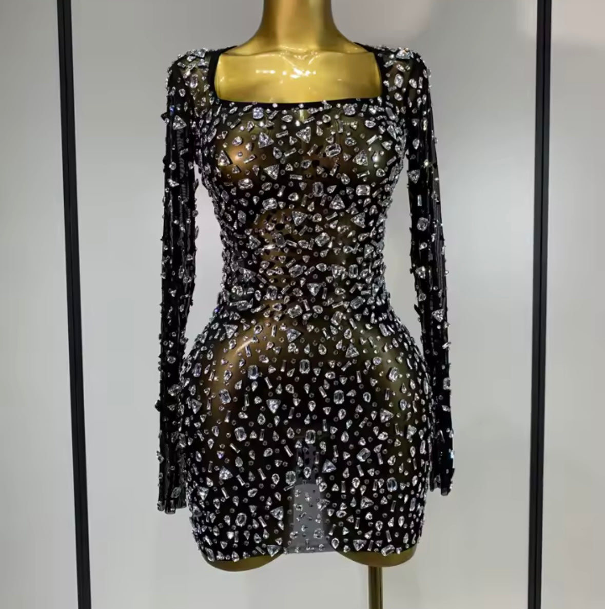 Sexy See Through Crystal Full Sleeve Short Dress
