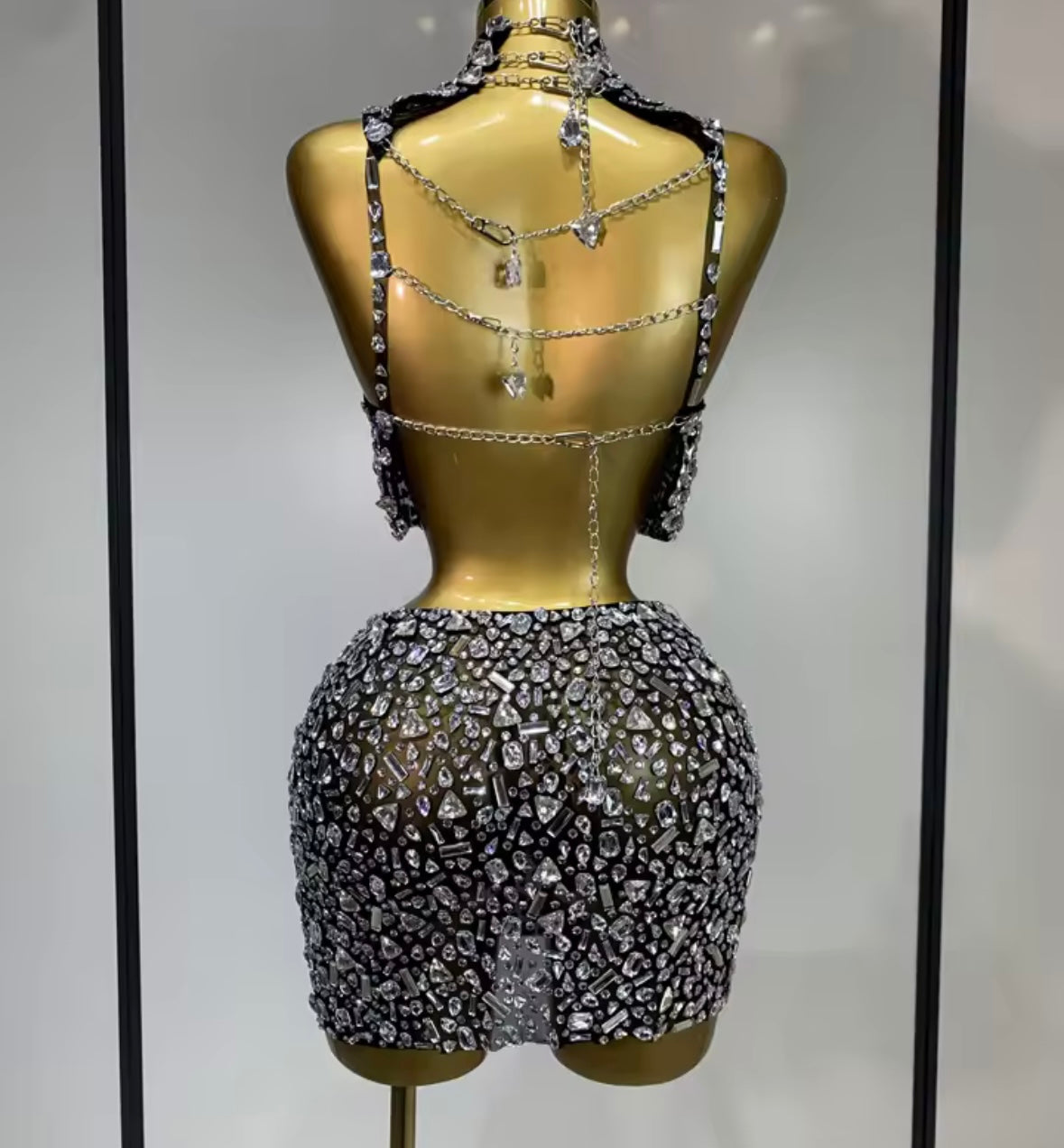 Sexy Sleeveless Chain Open Back Rhinestone Skirt Set