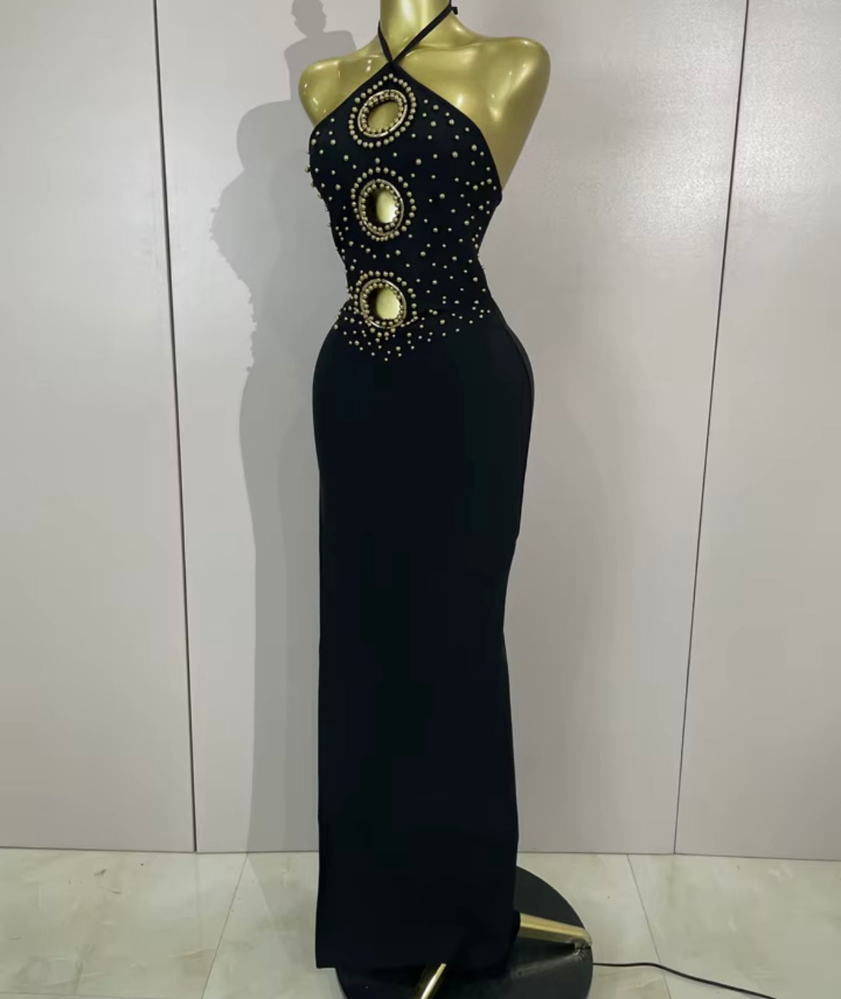 Sexy Black Beaded Halter Side Split Floor-Length Dress