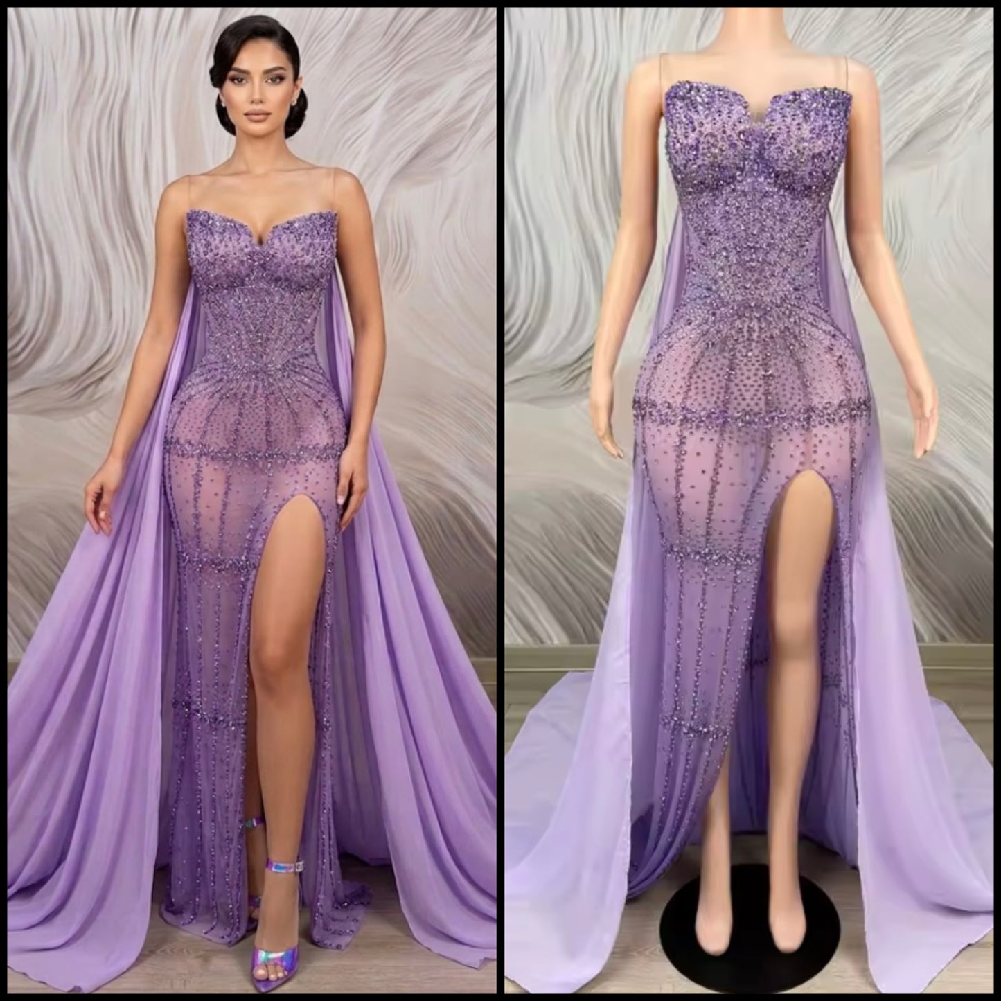 Purple Rhinestone Embellishment Side Split Mermaid Dress