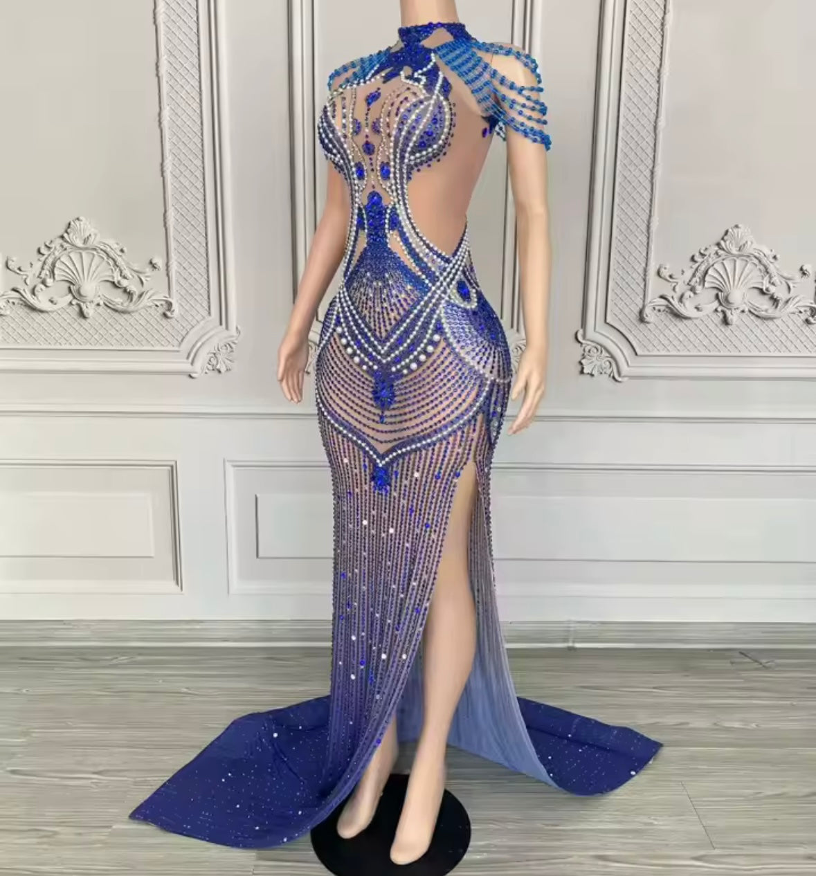 Pearl Rhinestone Embellishment Blue Sexy Floor-Length Dress
