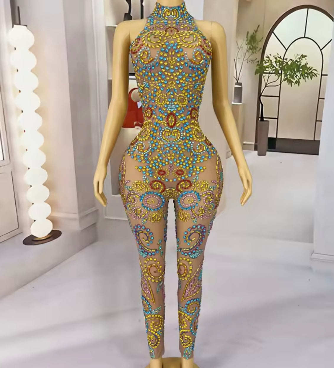 Sexy Sleeveless Colorful Rhinestone See Through Jumpsuit