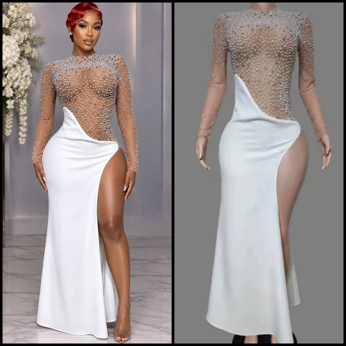 Sexy Beaded Rhinestone White Side Split Maxi Dress