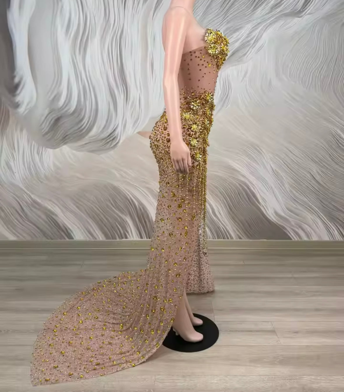 Sleeveless Crystal Rhinestone Tassel Side Split Maxi Dress