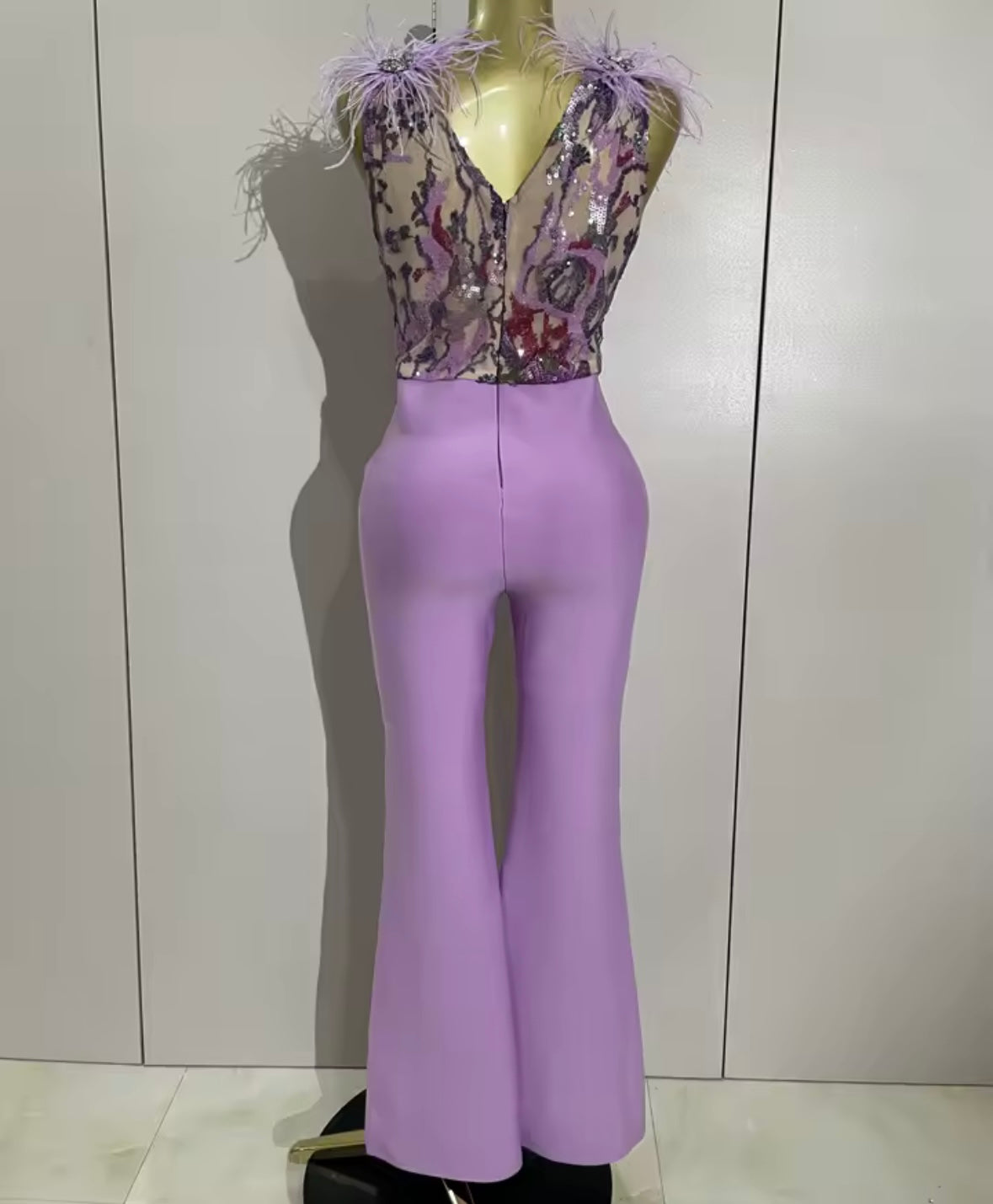 Sleeveless Sequins Feather Lavender Jumpsuit