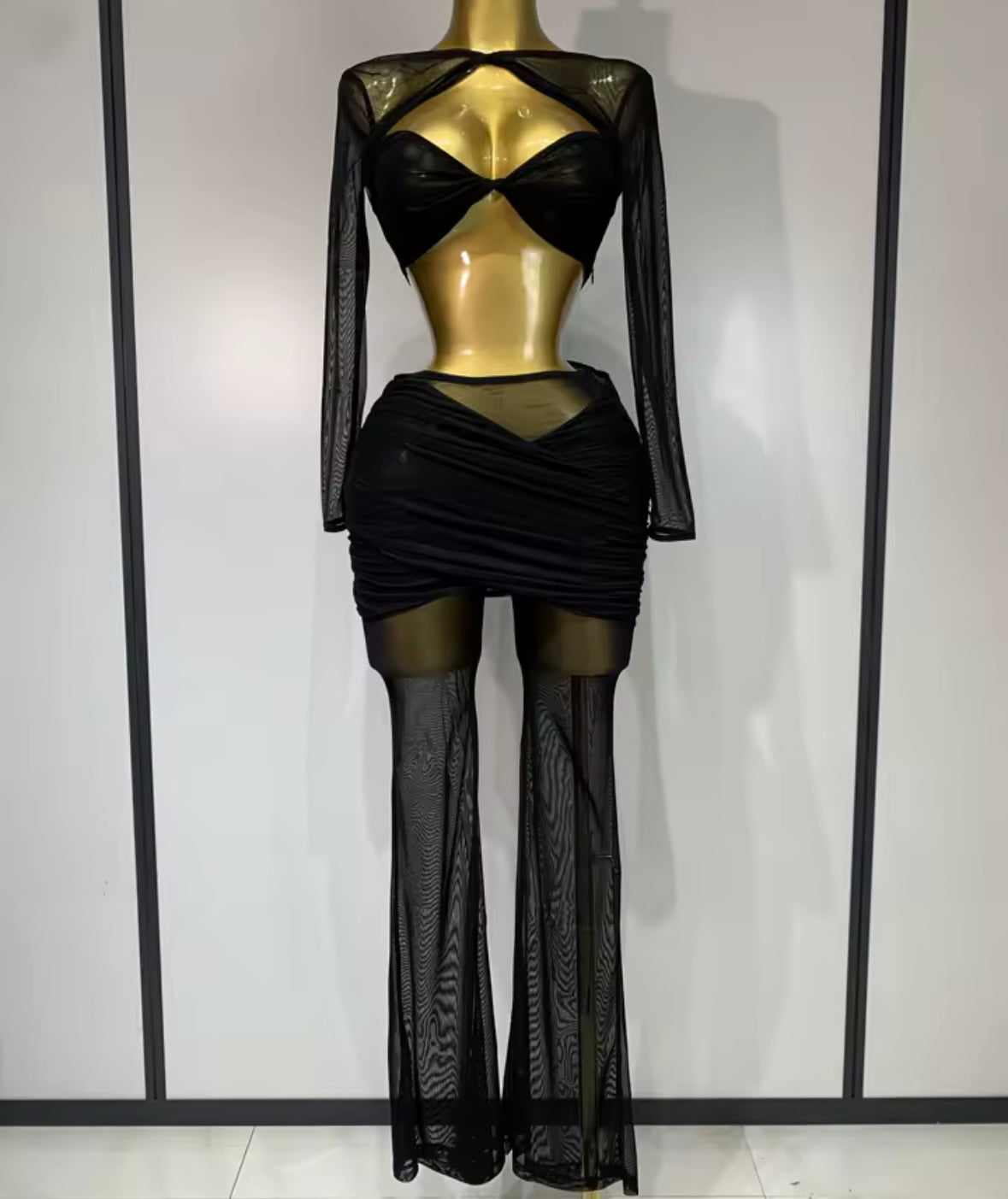 Sexy Full Sleeve Crop See Through Two Piece Pant Set
