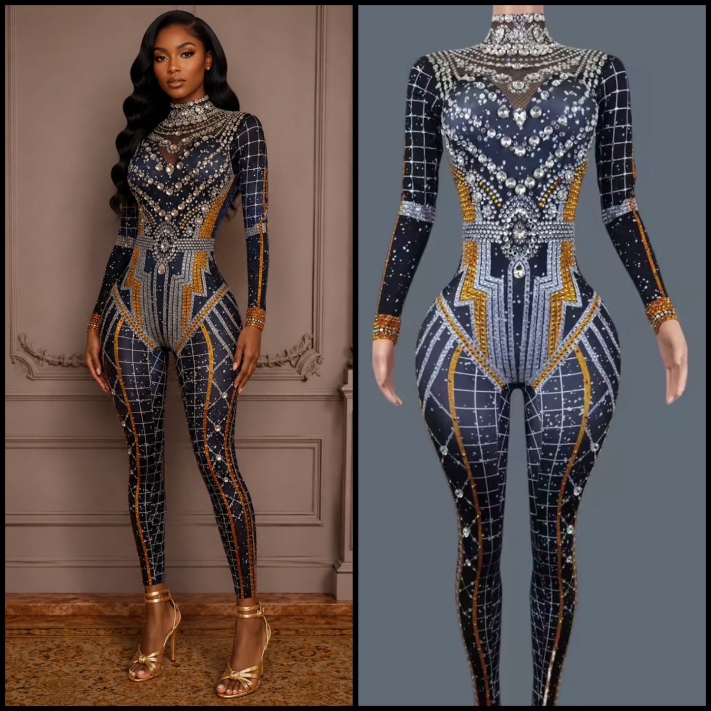Elegant Printed Rhinestone Full Sleeve Jumpsuit