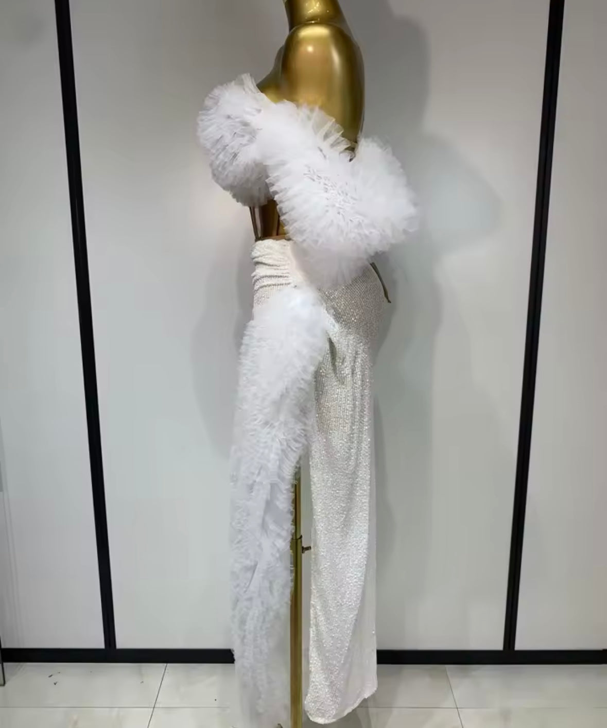 Sexy Ruffled Strapless Corset Two Piece Sequins Maxi Skirt Set