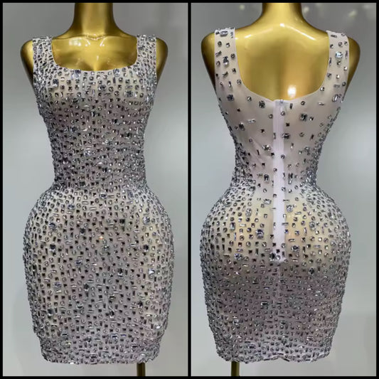 Silver Rhinestone Embellishment Sleeveless Sexy Dress