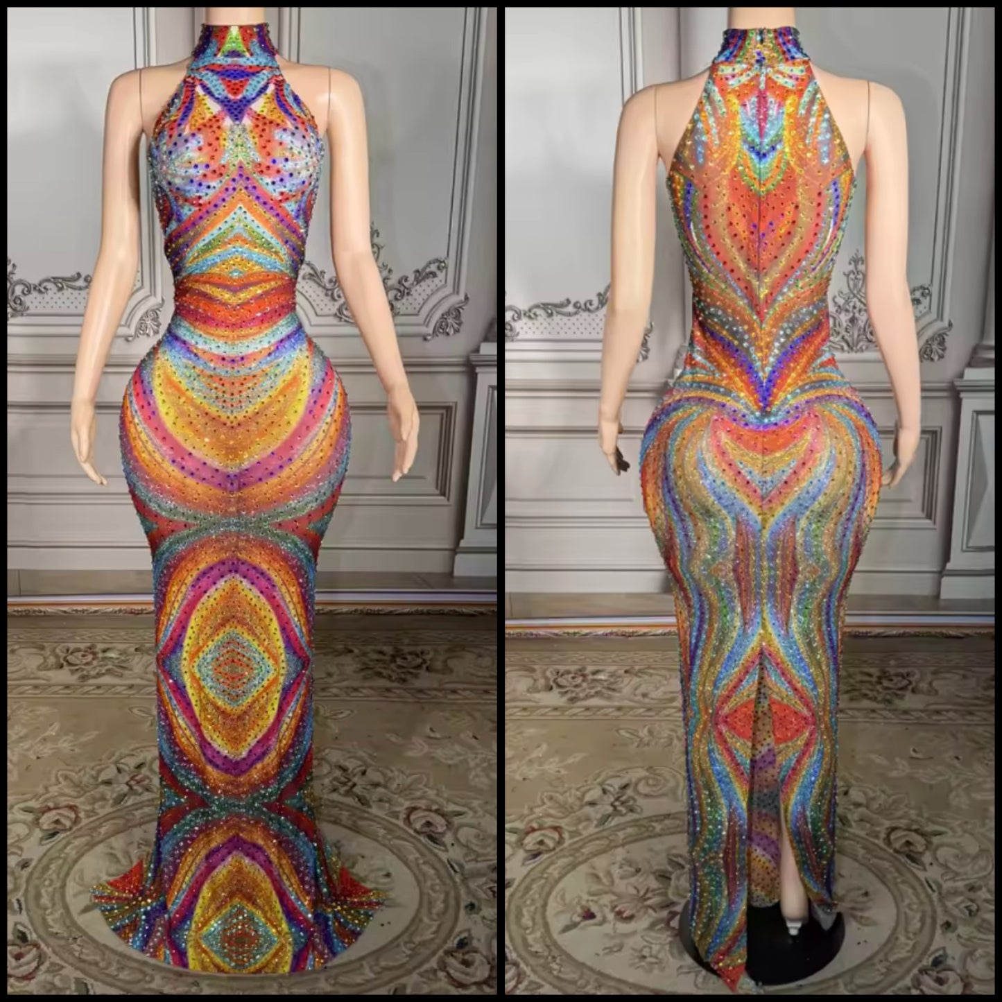 Multicolored Rhinestone Sexy Sleeveless Maxi Dress